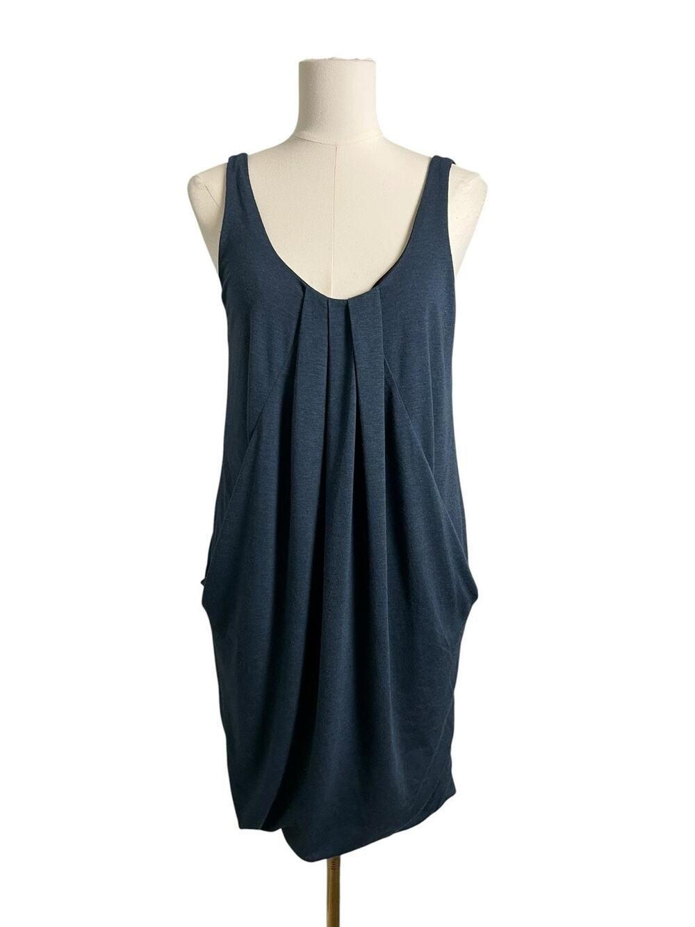 Chocolate Tank Dress Womens 40 Blue Pleated Cocoon Swing Pockets Jersey Boho